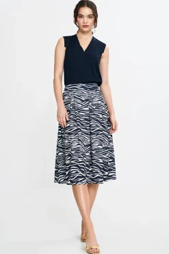 Spódnica midi z zakładkami - wzór zebra-granat