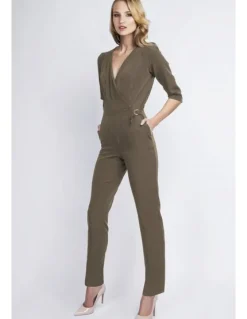 Stylowy kobiecy kombinezon z głębokim dekoltem - khaki