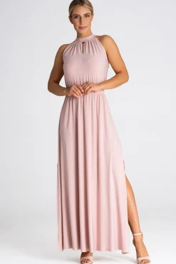 Sukienka maxi z dekoltem typu halter - jasnoróżowa