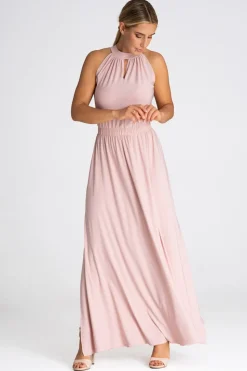 Sukienka maxi z dekoltem typu halter - jasnoróżowa