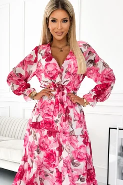 Sukienka midi wiązana w pasie z długim rękawem - różowe róże