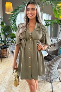 Sukienka mini zapinana na guziki - khaki