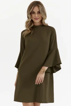 Sukienka trapezowa z szerokimi rękawami - khaki