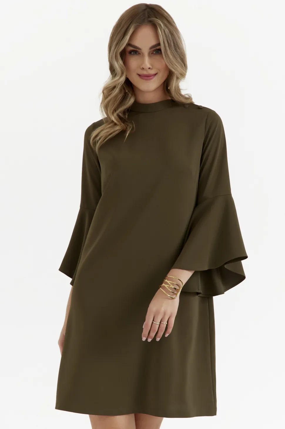 Sukienka trapezowa z szerokimi rękawami - khaki