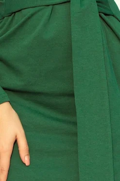 Sukienka z długim rękawem i paskiem - zieleń butelkowa