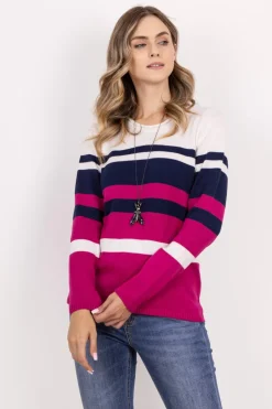 Sweter damski w paski - amarantowy