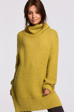 Sweter oversize z golfem - limonkowy