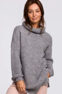 Sweter oversize z golfem - szary melanż