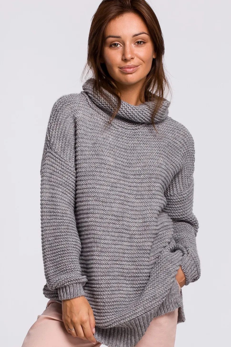 Sweter oversize z golfem - szary melanż