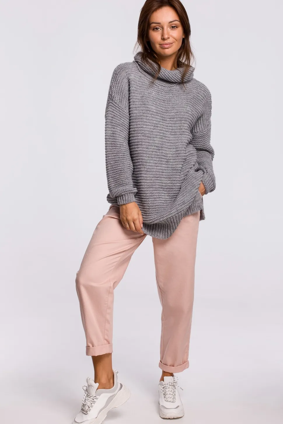 Sweter oversize z golfem - szary melanż