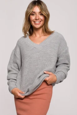 Sweter z dekoltem w serek - szary