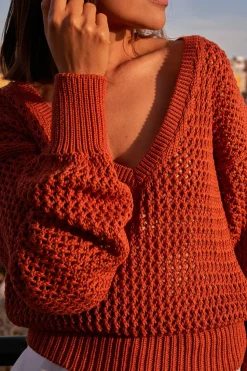 Sweter z dużymi oczkami - pomarańczowy