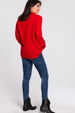 Sweter ze splotem typu warkocz - czerwony