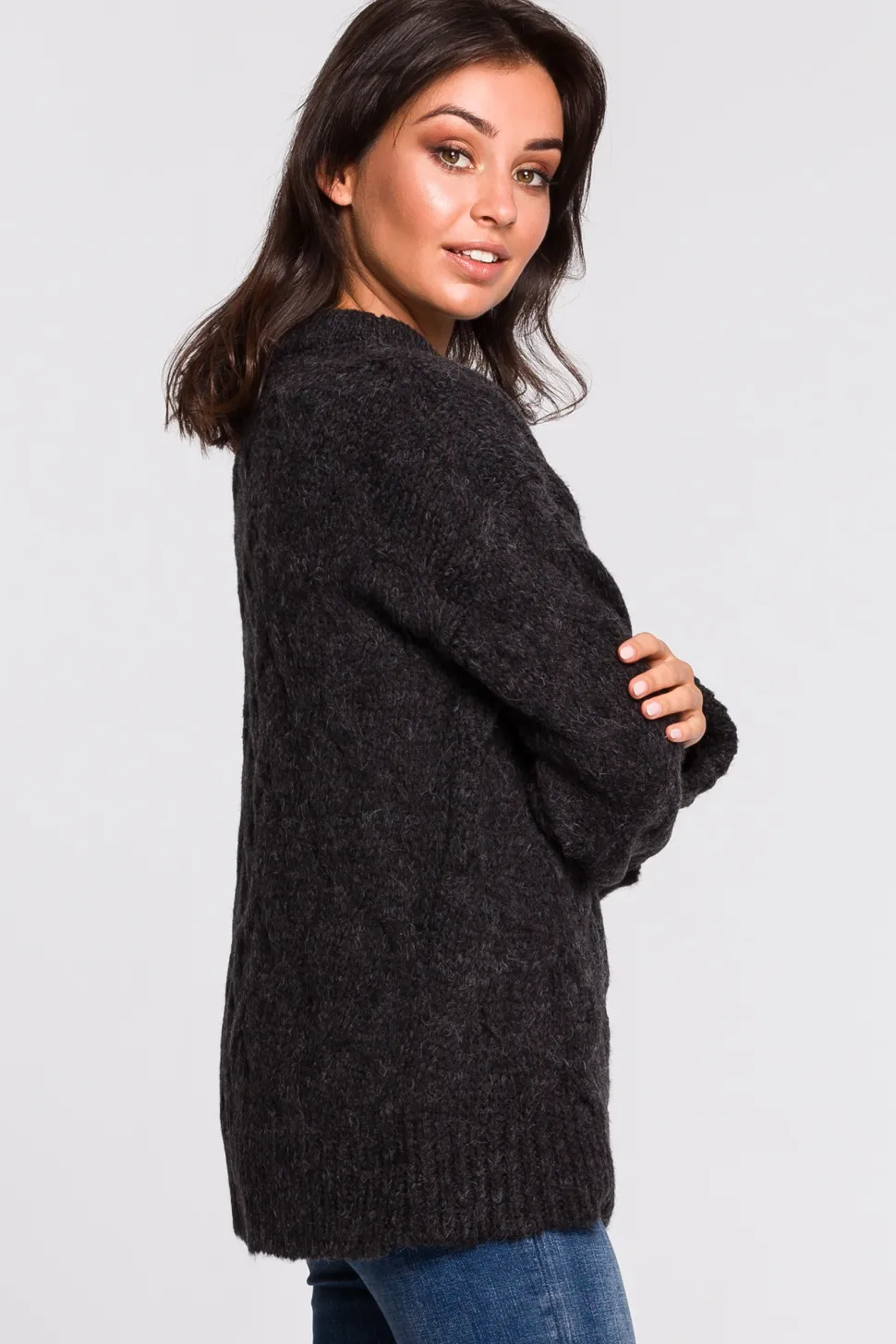 Sweter ze splotem typu warkocz - antracytowy