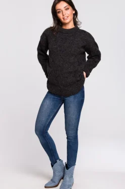 Sweter ze splotem typu warkocz - antracytowy