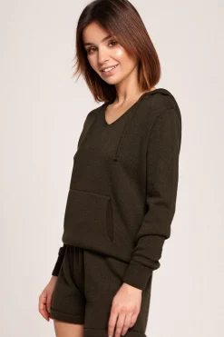 Sweter z kapturem i kieszenią kangurek - khaki