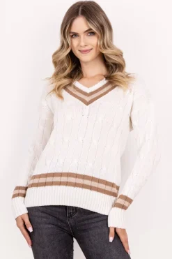 Sweter z ozdobnym dekoltem w serek - ecru-beż