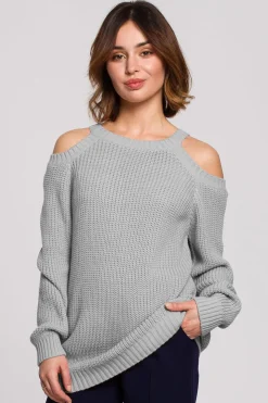 Sweter z wycięciami na ramionach - szary