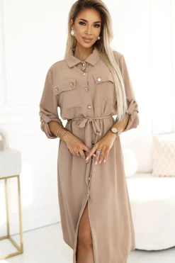 Szmizjerka midi ze złotymi guzikami i wiązaniem - mocha mousse
