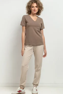 T-shirt damski z dekoltem V - cappuccino