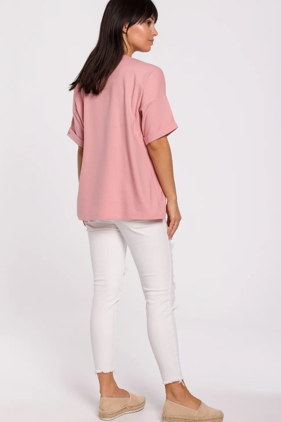 T-shirt oversize z okrągłym dekoltem - różowy