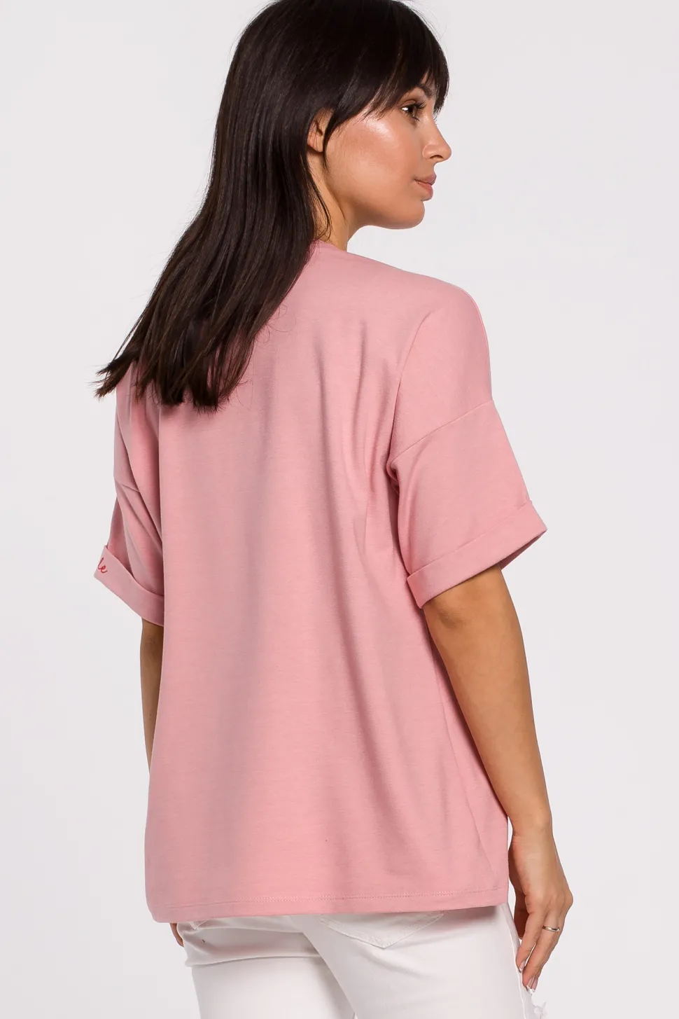 T-shirt oversize z okrągłym dekoltem - różowy
