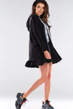 Welurowa bluza oversize z falbanką - czarna