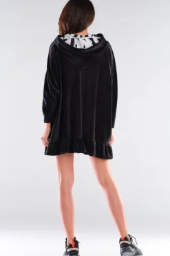 Welurowa bluza oversize z falbanką - czarna