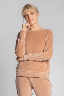 Welurowa bluza z reglanowymi rękawami - beżowa