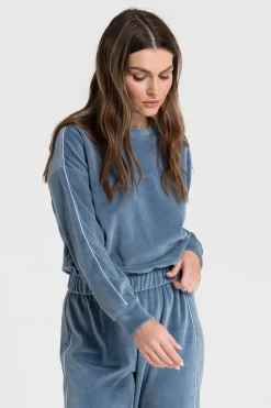 Welurowa bluza z wypustką - niebieska
