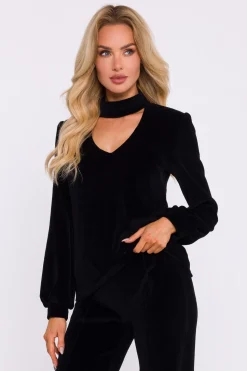 Welurowa bluzka z dekoltem typu halter - czarna