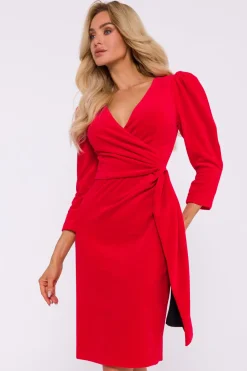 Welurowa sukienka wieczorowa z szarfą - czerwona