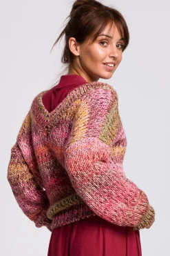 Wielokolorowy sweter z dekoltem V - malinowy