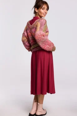 Wielokolorowy sweter z dekoltem V - malinowy