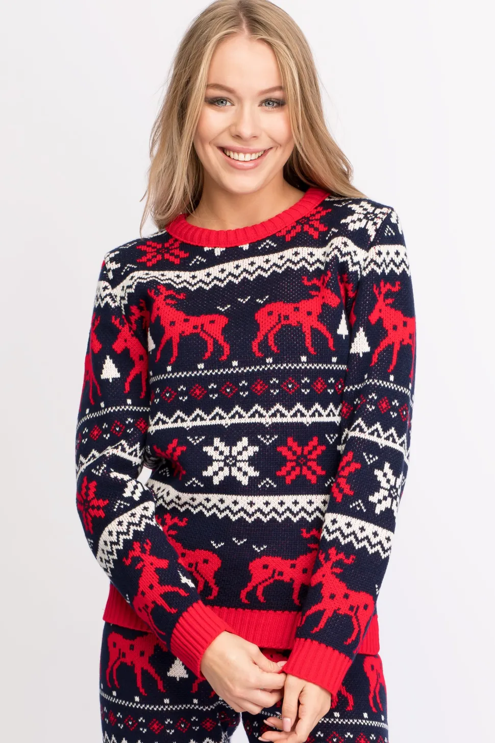 Świąteczny sweter w renifery - granatowy